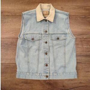 VTG Ami Denim Sleeveless Jacket Women Small Linen Collar Vest Western Indie Y2K